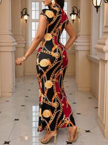 SHEIN Lady Đầm nữ kiểu dáng thanh lịch tay ngắn dáng đuôi cá in họa tiết dây xích, ôm sát, năm 2025, phong cách Ankara, đầm in họa tiết châu Phi. - Đỏ - Xem 2