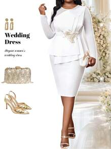 SHEIN Lady 2025新款服装春夏秋冬四季连衣裙款式针织圆领白色立体设计收腰荷叶边下摆包臀中长款大码连衣裙派对服装秋季女装结婚嘉宾礼服女