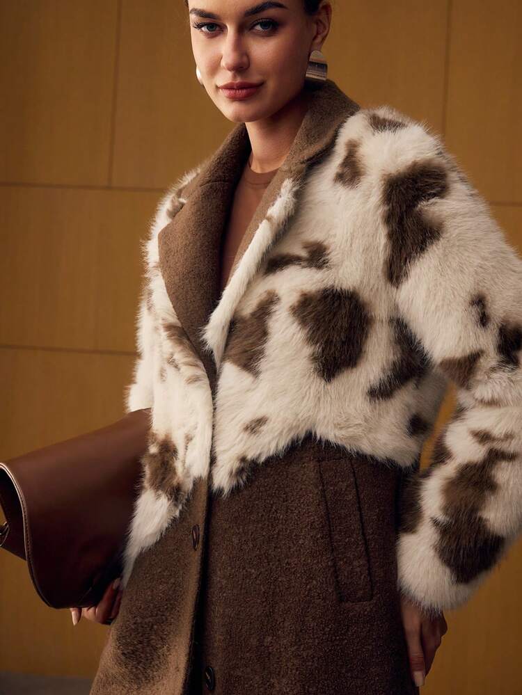 COLORBLOCK BUTTON UP FAUX FUR COAT
