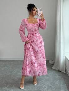 Modelyn Women's Autumn Long Sleeve Chiffon Dress With Front Ruched Design & Butterfly Print Pattern Fall Cloth For Women - Pink - View 5