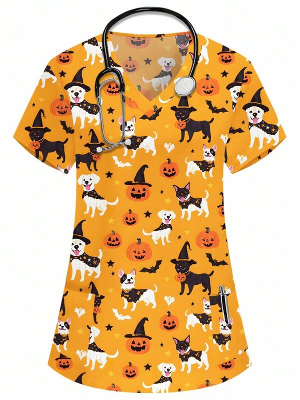PopScrub Orange V-Neck Short Sleeve Double Pocket Halloween Pattern Design Nurse/Doctor Uniform Top, Solid Color Pet Grooming Workwear Top, Nutritionist Workwear Short Sleeve, Functional Multi-Pocket Lab Workwear, Functional Women's Holiday Outfit, Women's Tops, Summer Women's Tops, Halloween Women's Tops