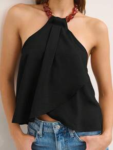 Nöista This Sleeveless Halter Top In Muted Olive Features A Draped Front And Wooden Bead Neckline, Creating A Relaxed, Flowy Silhouette. Perfect For Summer Outfits, Cute Summer Tops, Plus Size Summer Clothes, And Women's Summer Clothes. - Black - View 1