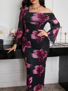 Modelyn Plus Size Elegant Women's Fitted Mesh Printed Dress Fall Cloth For Women - Black - View 1