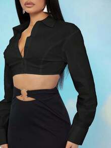 EURMUSE Camisa super curta de manga comprida e cor sólida da moda - Preto - Ver 4