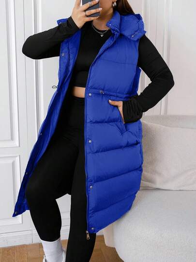 EURMUSE Plus Size Long Hooded Black Winter Vest Jacket