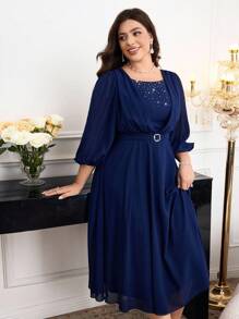 Modelyn Plus Size Rhinestone Color Block Waist Cinched Long Sleeve Dress - Navy Blue - View 5