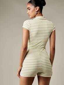 MISSGUIDED Mono a rayas con botones, mono de verano con cuello, mono corto de punto acanalado, mono de punto ajustado de moda Y2K, pantalón corto casual de playa - Multicolor - Ver 2