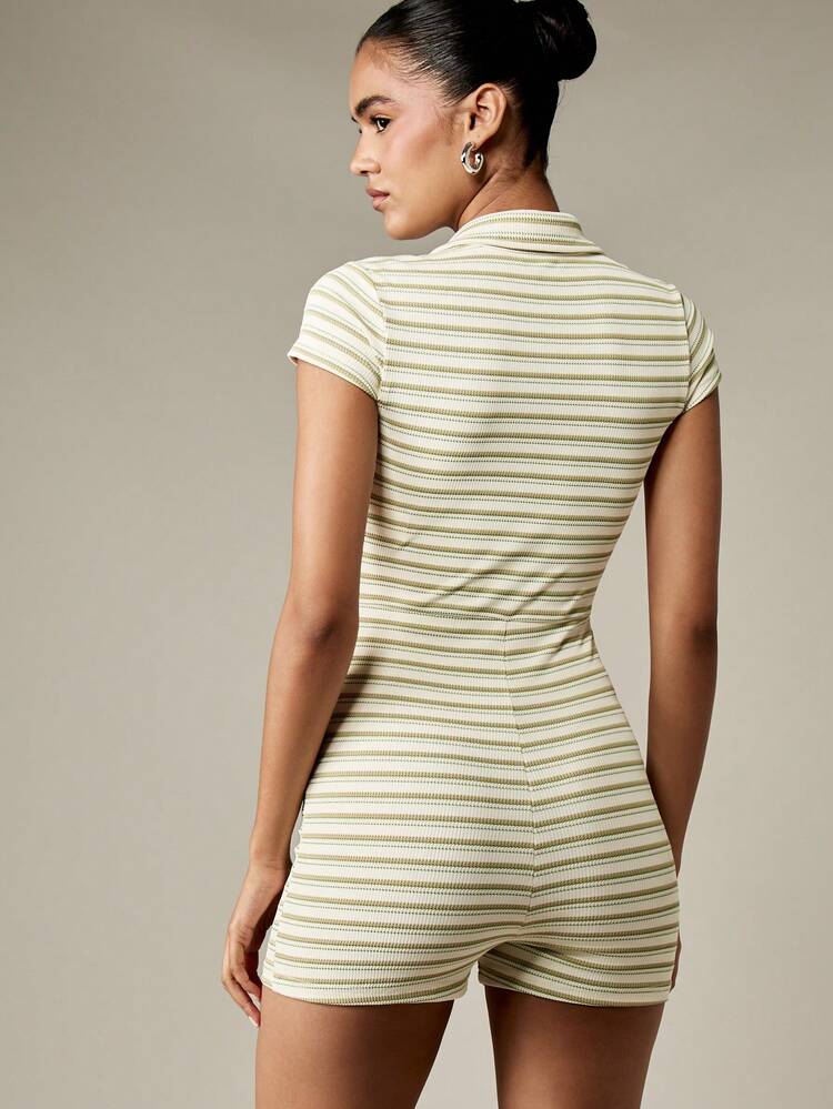 MISSGUIDED Button Down Stripe Romper Collared Summer Playsuit Loungewear Short Sleeve Ribbed Knit Bodycon Y2K Fashion Casual Beach Shorts Jumpsuit