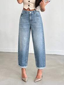 EURMUSE Jeans de novio con cintura media, bolsillos en diagonal y dobladillo plegado - Celeste - Ver 4