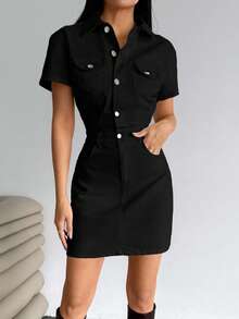EURMUSE Mini Button And Belt Detailed Denim Dress - Black - View 3