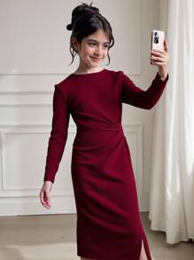 SHEIN Vestido de manga larga ajustado de longitud media con nudo retorcido de unicolor informal para niña preadolescente, adecuado para Halloween, Navidad, fiesta elegante, color vino tinto - Burdeos - Ver 6