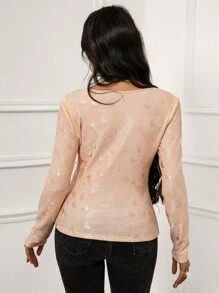 Xyvia Damen Rundhalsausschnit Langarm elegantes Jacquard Schmetterling figurbetontes Samt T-Shirt - Aprikosenfarben - Übersicht 2