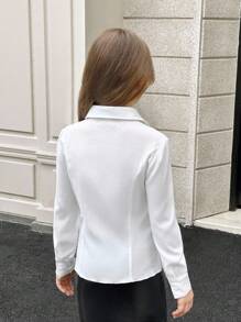 SHEIN Tween 女童休闲轻质纹理面料纽扣衬衫，带领和荷叶边下摆，适合夏季和秋季日常穿着 - 白色 - 查看 2