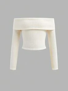 SHEIN 少女纯白色罗纹针织露肩长袖短款上衣T恤，休闲日常穿着，秋冬季，可与妈妈亲子装搭配，时尚秋季款 - 白色 - 查看 2