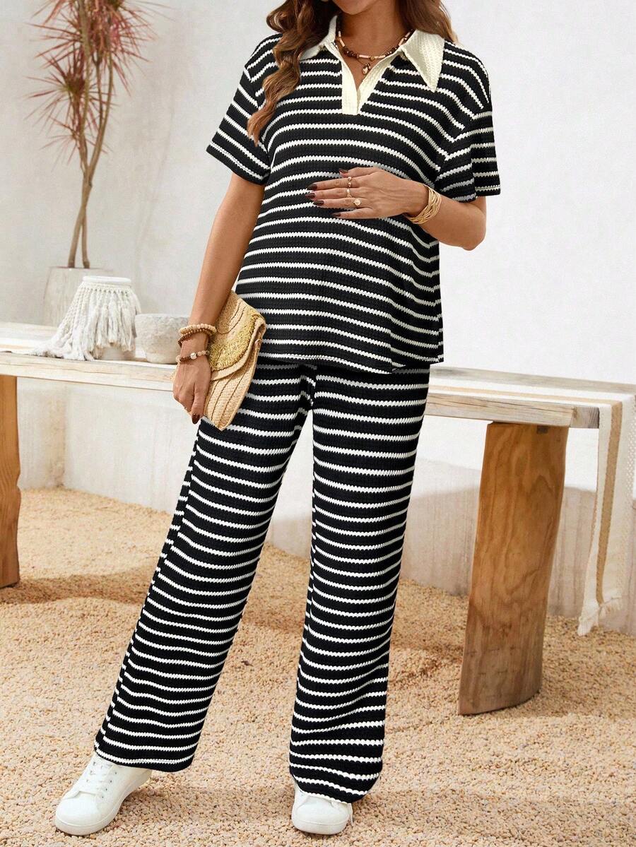 Boho Mama 2 piezas Conjunto de top de manga corta y pantalones a rayas casual de maternidad - Blanco y Negro - Ver 1