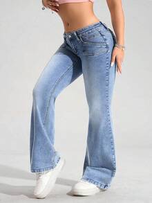 SHEIN ICON Plus Size Women's Retro American Style Blue Versatile Fashion Flared Jeans - Blue - View 3