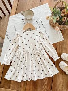 LMoss Kids LMoss Baby Girl Woven Heart Pattern Ruffle Hem Round Neck Casual Dress Baby Girl Long Sleeve Dress Baby Girl Dress Heart Print Dress Baby Heart Dress Baby Cream Dress Fall Winter - Apricot - View 3