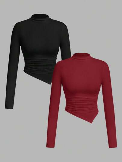 SHEIN SXY Set de 2 camisetas de manga larga con cuello alto y bajo asimétrico, en negro y rojo