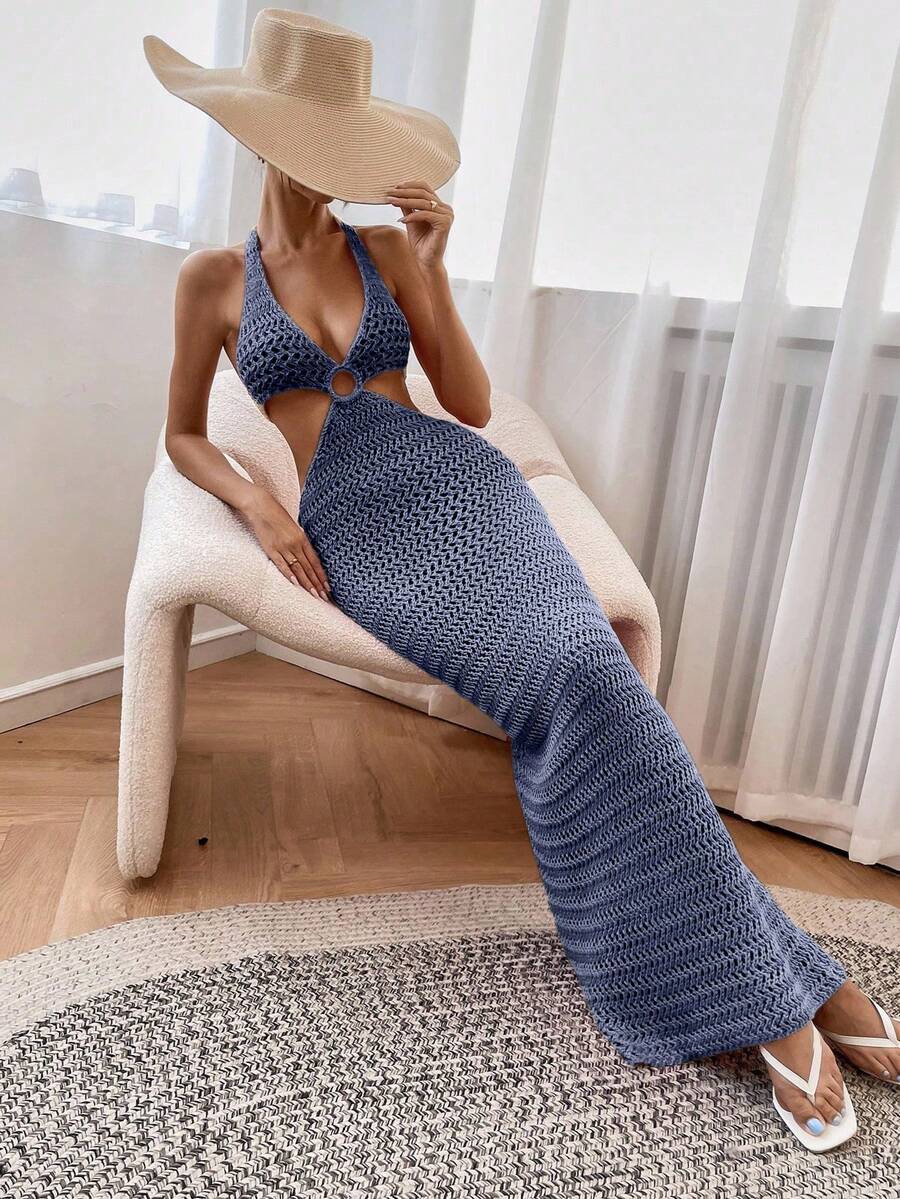 Breezaya Đầm len móc hở lưng khoét lỗ hở tay màu trơn cho nữ - Màu tím - Xem 1