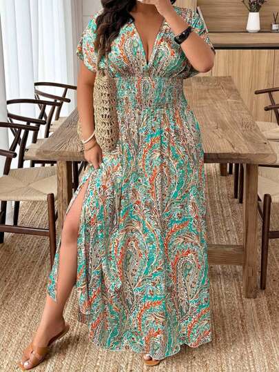 EMERY ROSE Random Floral Print Deep Shirred Waist Tie Plus Size Women Beach Dress