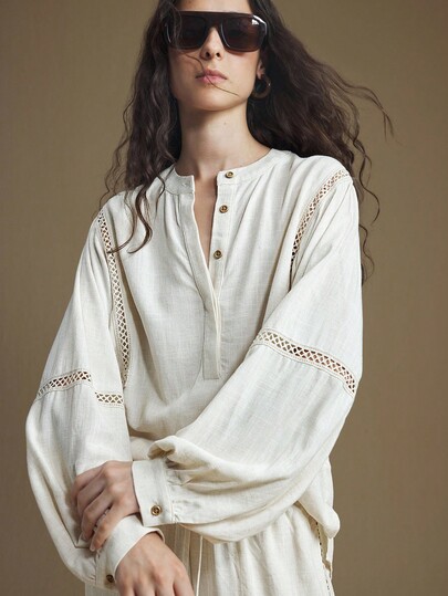 Ontre 2025 New Arrival Casual Vacation Linen Blend Hollow Strap Patchwork Design Women Blouse, Loose Fit, Round Neck, Long Sleeve, Wood Button, Business Commute, Leisure Style, Autumn Clothing Bohemian Style Vacation Wear, Summer Ins Celebrity Same Style Vacation Style, Exotic Atmosphere, Country Concert, Western Style Clothing, High-Grade Fabric, Comfortable And Breathable Modern Vacation Nomadic Casual Fashion All-Match Women's Country Concert Clothing Western Style Women's Clothing Nomadic Style