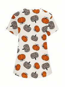 PopScrub Women's Beige V-Neck Short Sleeve Double Pocket Leopard Print Pumpkin Orange Pumpkin Pattern Nurse/Doctor Work Uniform Top, Solid Color Pet Grooming Work Uniform Top, Nutritionist Work Uniform Top, Functional Multi-Pocket Lab Work Uniform Top, Functional Women's Holiday, Summer