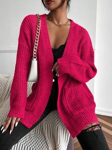 EURMUSE Cardigan casual in maglia a maniche lunghe con spalle scoperte e due tasche, di colore unito, da donna - Fucsia - Visualizzare 4