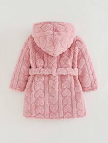 Cozy Pixies Young Girl Solid Color Textured Thermal Lined Hooded Robe With Tie Fall Winter - Pink - View 2