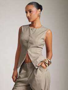 Hauture 女式基本款休闲办公室卡其色细条纹无袖背心 - 卡其色 - 查看 1