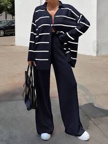 EURMUSE Women Striped Sweater Cardigan And Pant Set,Co Ord,Winter Clothes - Navy Blue - View 3