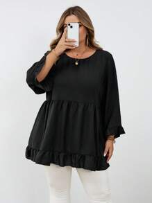 SHEIN CURVE+ 加大码纯色荷叶边下摆套头衫，适合女士休闲外出秋季服装、冬季服装、CURVE PLUS - 黑色 - 查看 7