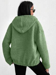 EURMUSE 100%Cotton Zip Up Drop Shoulder Hooded Teddy Jacket - Green - View 2
