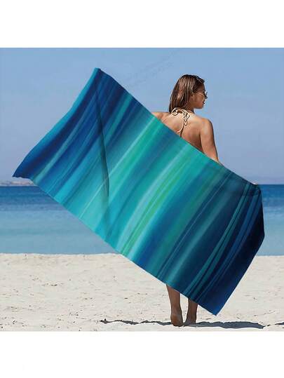 SHEIN 1 件超大超柔软速干沙滩巾，带有鲜艳的抽象波浪印花 - 蓝绿色、蓝绿条纹，非常适合海滩、泳池放松和宁静氛围旅行必需品旅行配件海滩必需品