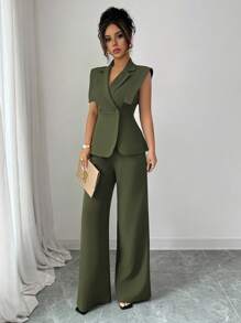 Elenzga 女士优雅休闲套装，包括有领无袖上衣和松紧腰裤，适合工作、度假、下午茶和聚会 - 軍綠色 - 查看 4