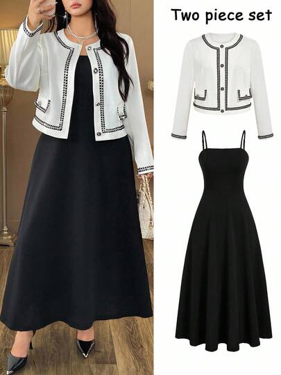 Auvina 大码圆领外套+法式吊带裙，复古时尚优雅撞色吊带设计外套，适合日常约会聚会教师装春秋女装，简约返校通勤