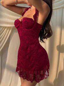 SHEIN EZwear 女式花朵酒红色蕾丝蝴蝶结装饰修身无袖迷你连衣裙 - 酒紅色 - 查看 3