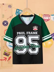 Paul Frank X SHEIN 青少年男孩运动休闲字母和数字印花 V 领短袖 T 恤，黑色和绿色