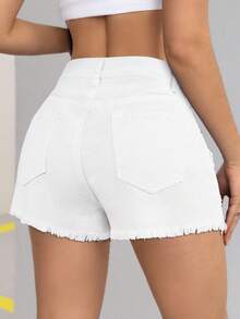 SHEIN ICON 女式休闲浅色磨边牛仔短裤 - 白色 - 查看 2
