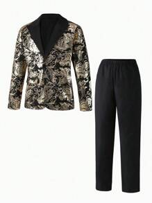 SHEIN 2 件套青少年男孩绅士装 - 金箔印花西装外套和纯色裤子，时尚适合生日派对、晚会、婚礼、洗礼、 1 岁生日仪式、婚礼嘉宾、花童、戒指持有人