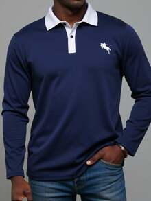 Manfinity Homme 秋季大码男士休闲撞色领长袖 Polo 衫 - 藏蓝色 - 查看 4