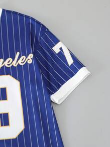 SHEIN Sparklyn Tween 女童休闲街头运动棒球夹克、冰球服、字母和数字印花 V 领 T 恤 - 藏蓝色 - 查看 3