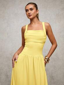 SHEIN BAE 女士优雅纯色棕色连衣裙，宽领喇叭裙，适合春夏季 - 黃色 - 查看 7