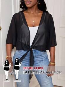 SHEIN PETITE CURVE Plus Size Women's Black Semi-Sheer Cropped Thin Top