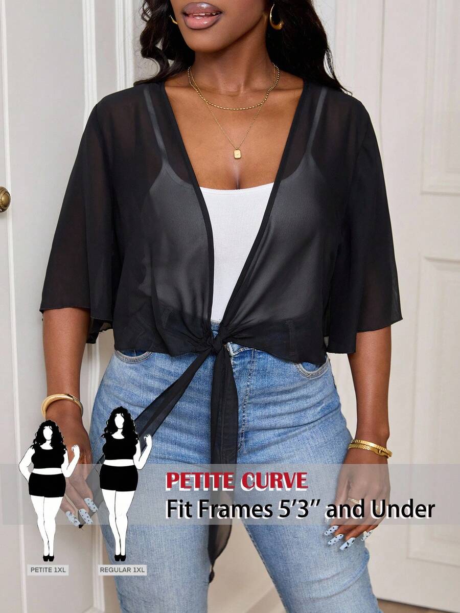 SHEIN PETITE CURVE Plus Size Women's Black Semi-Sheer Cropped Thin Top