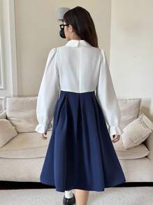 Navy Blue Long Sleeve Elegant Commuter Dress For Teenage Girls Fall Winter - Navy Blue - View 2