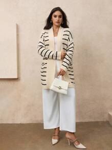 Juhart Cardigan rayé à épaules tombantes en tricot décontracté bicolore pour femmes grande taille - Nude - Voir 6