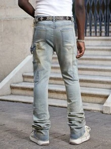 ROMWE MEN Street Life Men's Sparkling Diamond Layered Flare Jeans - Blue - View 4