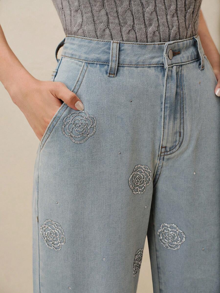 Anewsta Quần jean denim xanh nhạt đính đá sang trọng dành cho nữ - Rửa nhẹ - Xem 1