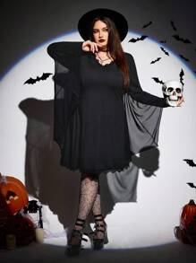 SHEIN CURVE+ Váy dơi tay cánh dơi phối ren phong cách Halloween Punk cỡ lớn dành cho nữ, váy Goth màu đen cỡ lớn, váy phù thủy/Mùa thu/Mùa đông - màu đen - Xem 6