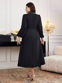 Modelyn Plus Size Color Block Wrap Around Puff Sleeve Elegant Fashion Dress - Black and White - View 2